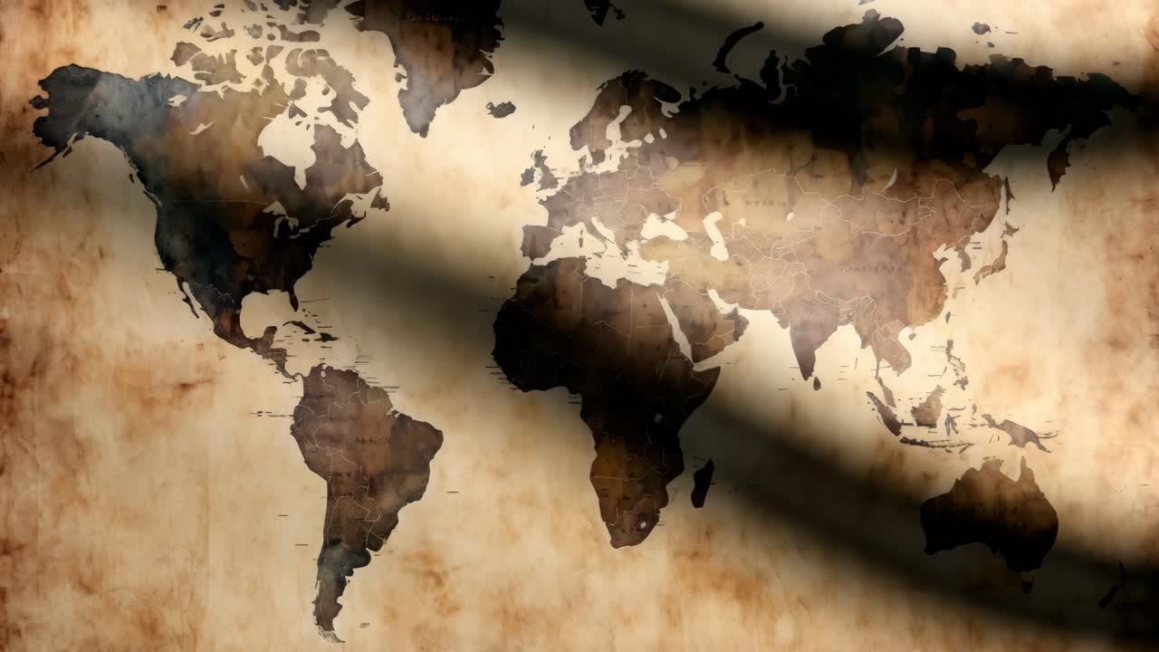 Mappa del mondo vintage con tonalità seppia, vista dall'alto
