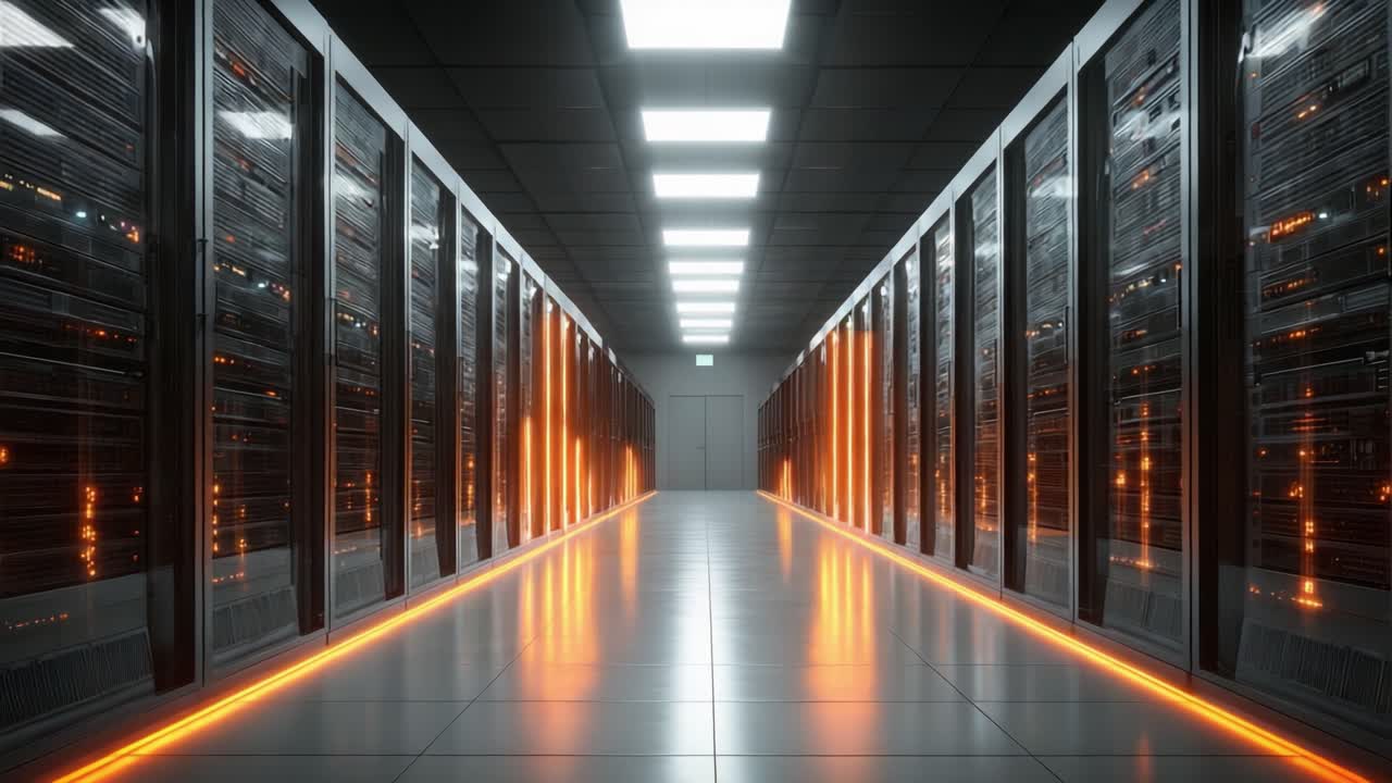 A Modern Data Center Corridor Displaying Rows of High-Tech Server Racks Illuminated by Orange Lights, Emphasizing a Sleek and Secure Technological Infrastructure