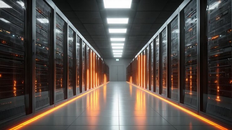 A Modern Data Center Corridor Displaying Rows of High-Tech Server Racks Illuminated by Orange Lights, Emphasizing a Sleek and Secure Technological Infrastructure