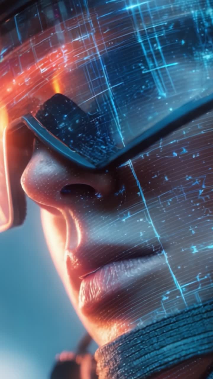 A Futuristic Close-Up of a Cybernetic Face with High-Tech Glasses, Showcasing Advanced Digital Interfaces and a Unique Blend of Human Features and Technology