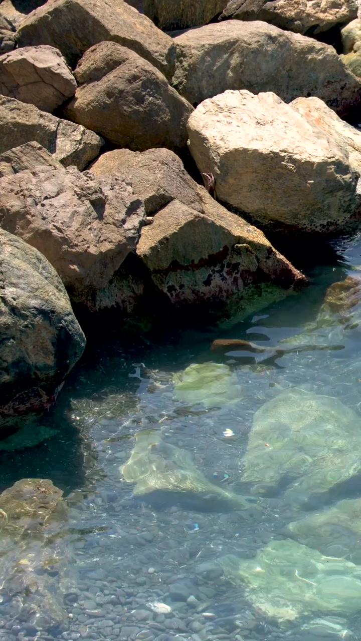 Inquadratura statica dall'alto di acqua trasparente del Mar Mediterraneo che lambisce delicatamente pietre costiere rocciose.
