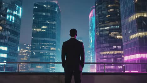 businessman contemplating the cityscape at night