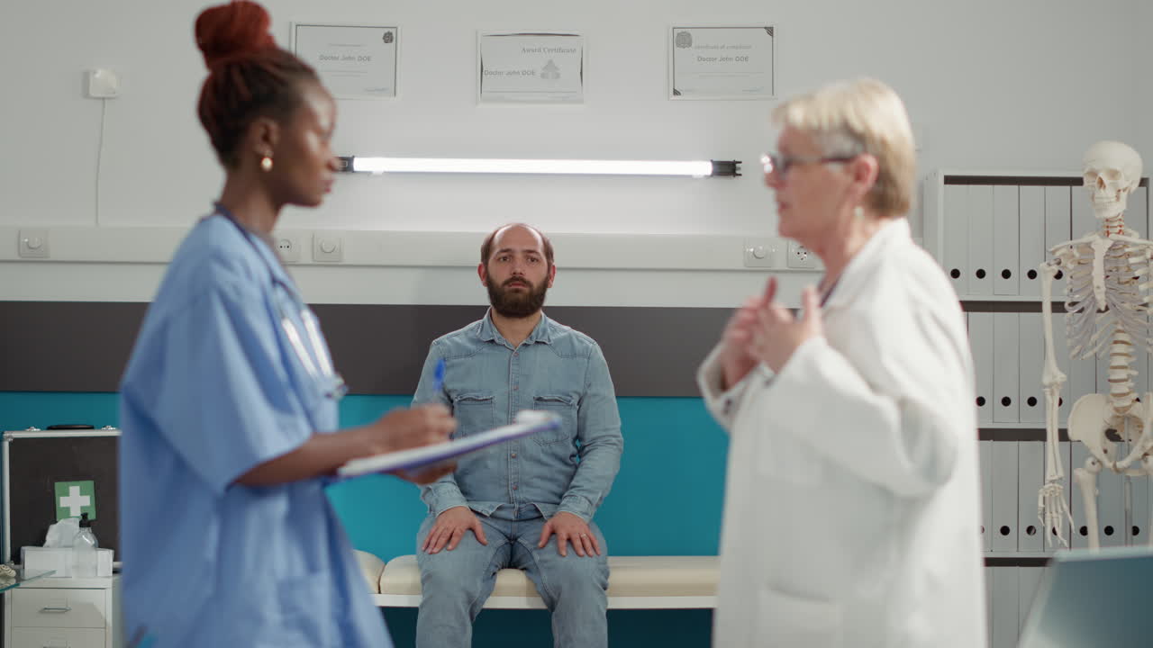 Young patient sitting in medical cabinet and waiting for exam results