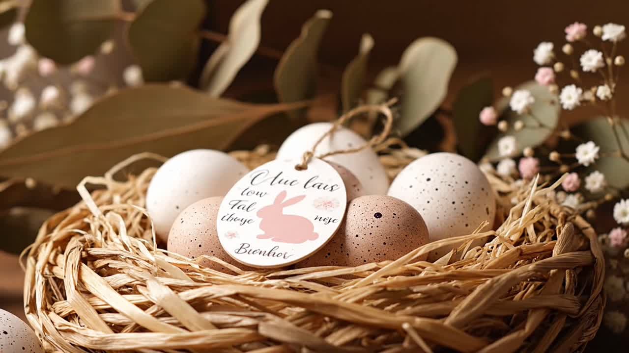 Hand placing easter bunny tag on eggs in nest decoration