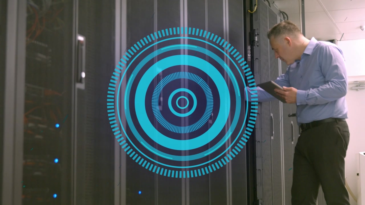 Animation of scope scanning over caucasian businessman in server room