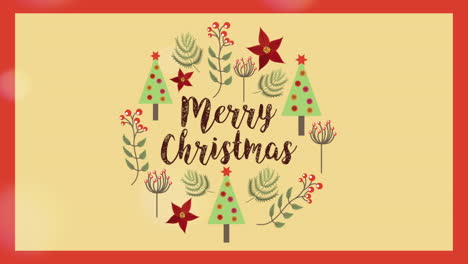 feliz tarjeta de navidad con hojas, corona y estrellas.