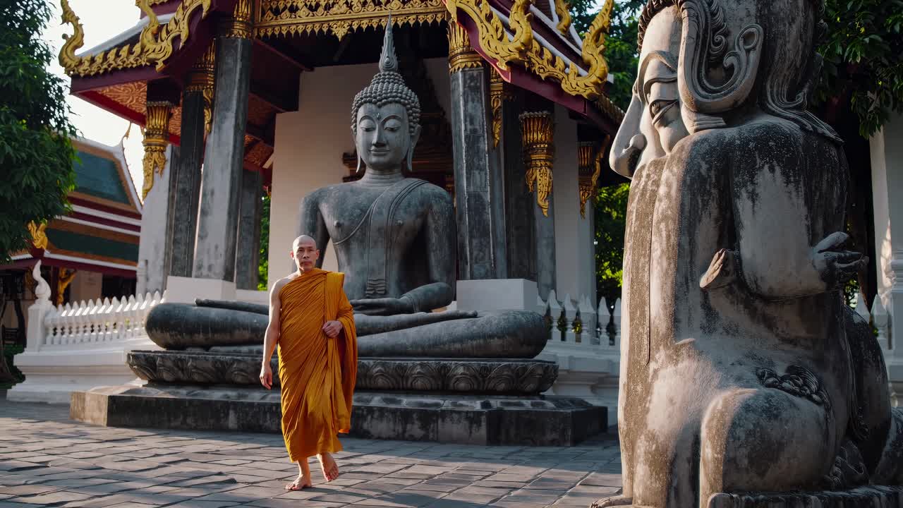 A serene video still of a monk walking past ancient statues in a temple courtyard