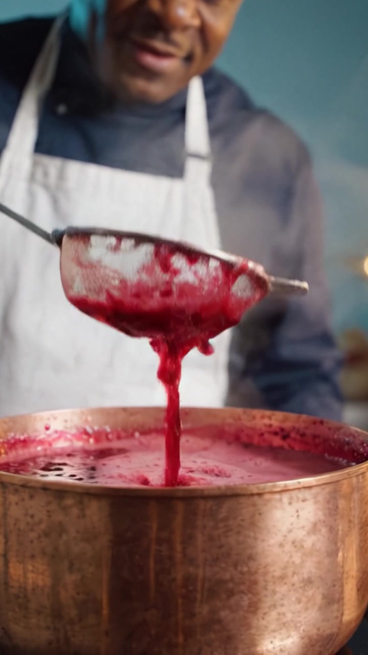 Vivace creazione culinaria: uno chef prepara con maestria una ricca miscela di frutti di bosco in una pentola di rame, mettendo in mostra l'arte culinaria e deliziosi ingredienti all'opera.