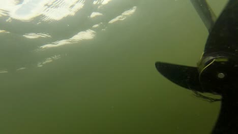 underwater view of spinning motor of a moving boat. - underwater shot