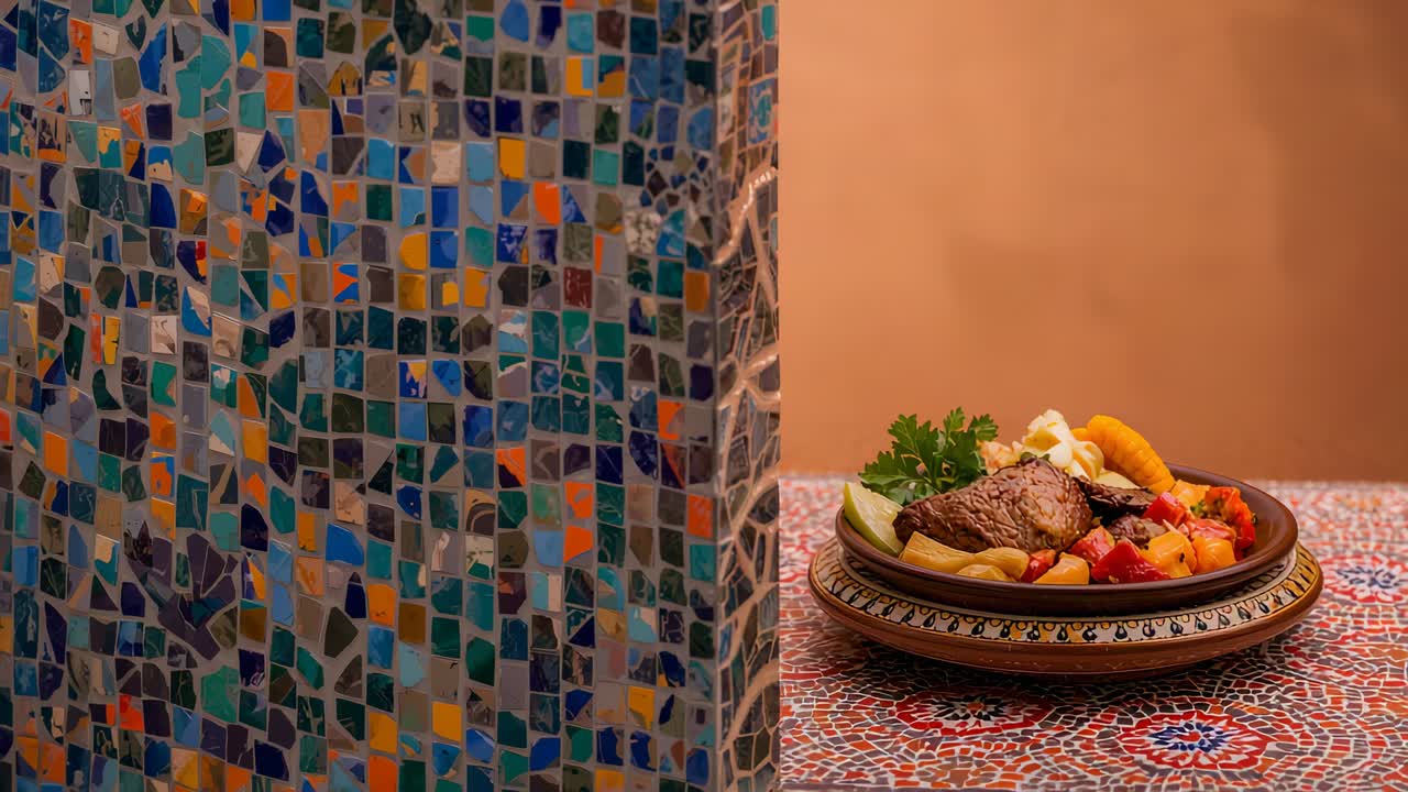 Panning camera revealing plate with meat and veg on tabletop, highlighting plated dish and mosaic