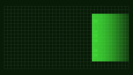 fondo animado abstracto en 4k con patrón de cuadrícula - movimiento de la ventana de reflector sobre el mapa del mundo y elementos de gráficos en color verde