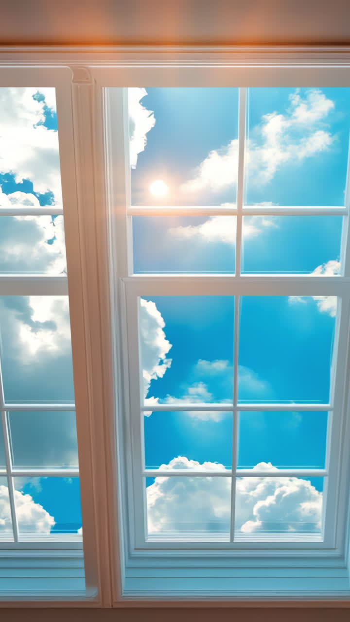 Skylights show blue sky, clouds. Natural light streams through skylights, showcasing a vibrant blue sky dotted with fluffy clouds during the daytime.