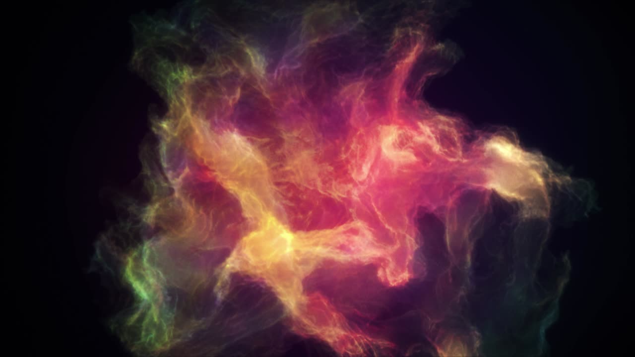 animazione 3d di una nebulosa o galassia fantascientifica di colore rosa e verde-giallo con ammassi di gas fluttuanti che galleggiano nell'universo dello spazio interstellare profondo esterno con sfondo nero