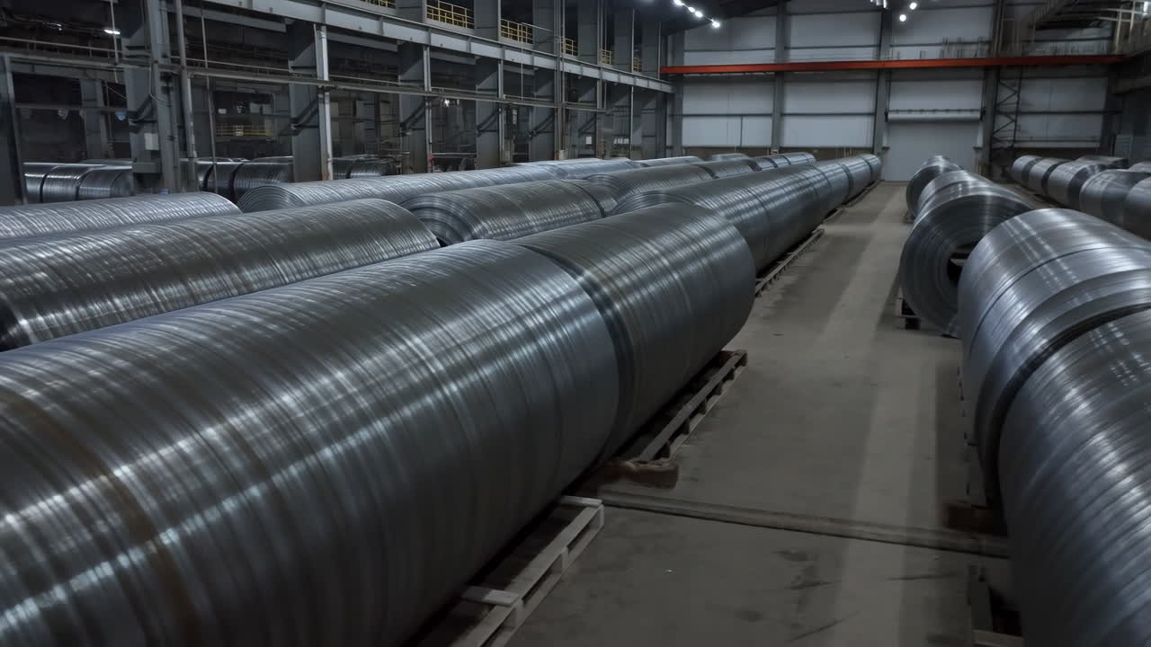 Large Rolls of Metal Coils Stored in a Warehouse