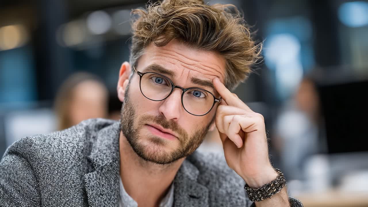 A Thoughtful Man in a Business Environment Shows Expressions of Contemplation and Pensive Reflection While Engaged in Deep Thought during a Meeting