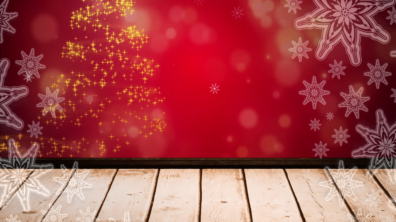 Animación de nieve cayendo sobre puntos brillantes formando un árbol de Navidad sobre fondo rojo