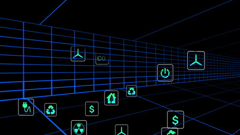 animation of green energy and technology icons floating on futuristic grid