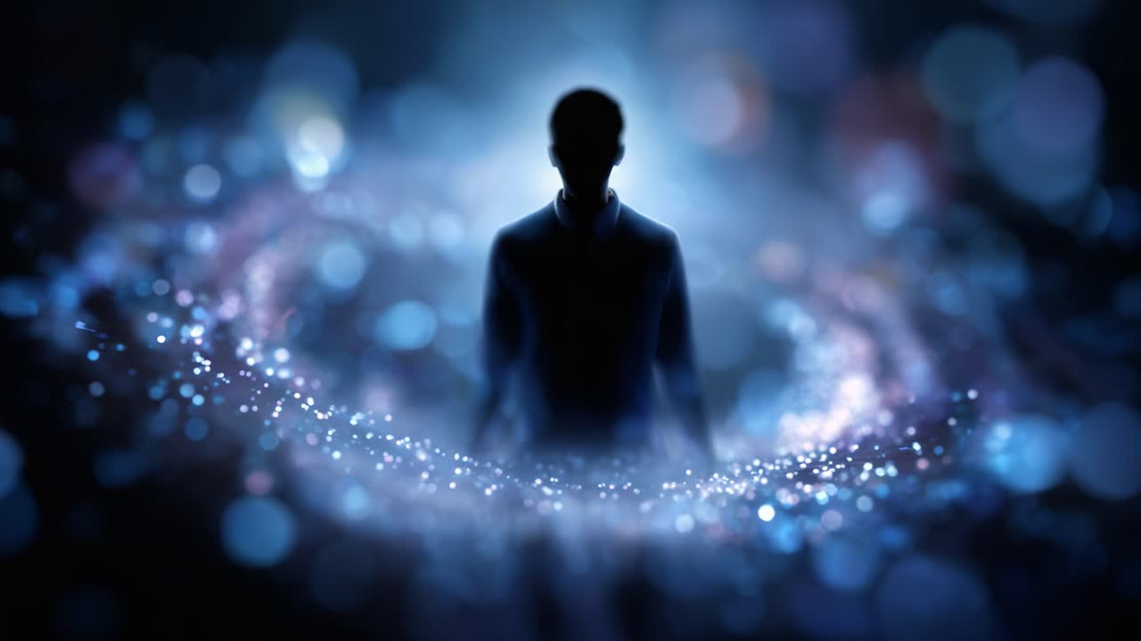 A figure stands amidst a swirling galaxy of stars and cosmic elements, embodying the mystery and beauty of the universe in a breathtaking visual spectacle