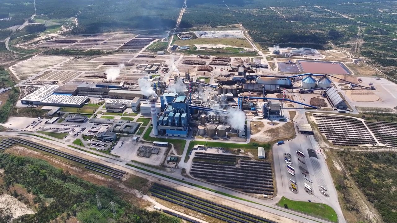 Large industrial complex featuring a pulp mill and bioenergy facility. Wood processing for cellulose production and renewable energy generation