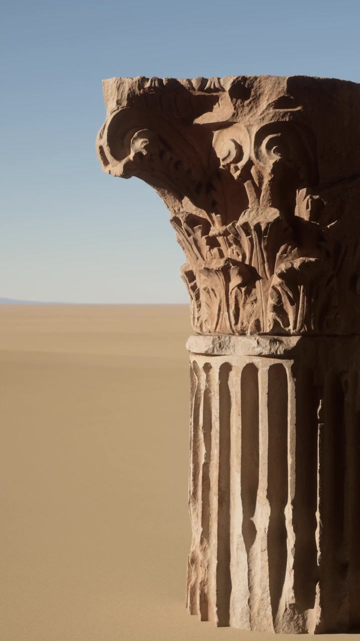 Old stone column stands tall in sandy landscape under bright sky