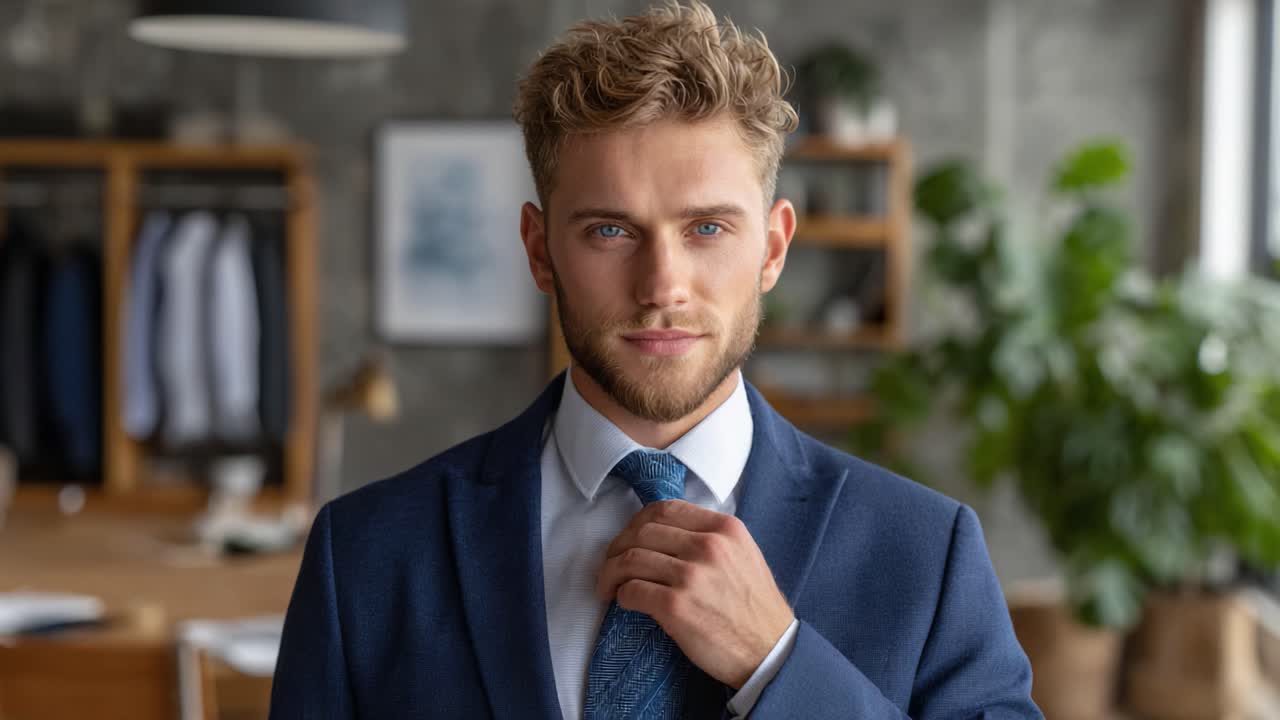 Giovane uomo sicuro di sé in abito formale si sistema la cravatta in un ufficio moderno, esprimendo stile e professionalità mentre si prepara per un'importante riunione o occasione