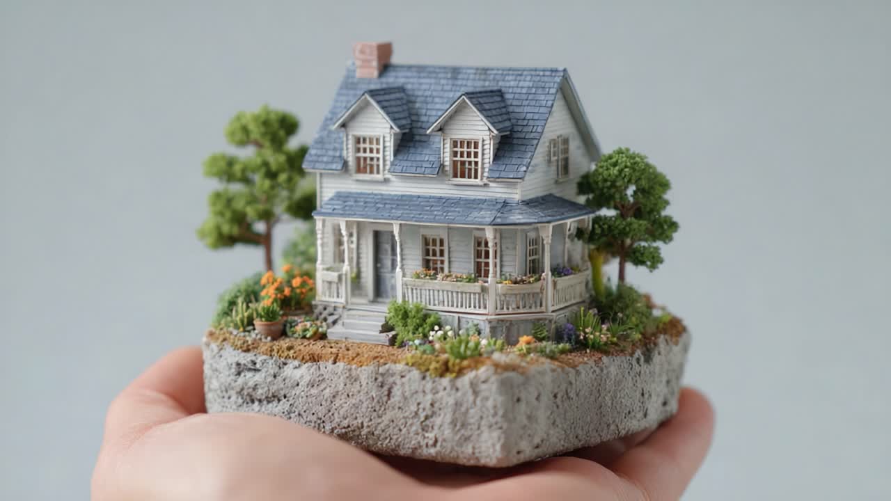 Casa in miniatura portatile su un pezzo di terra con vegetazione lussureggiante, dettagli realizzati alla perfezione catturati in un creativo scatto ravvicinato