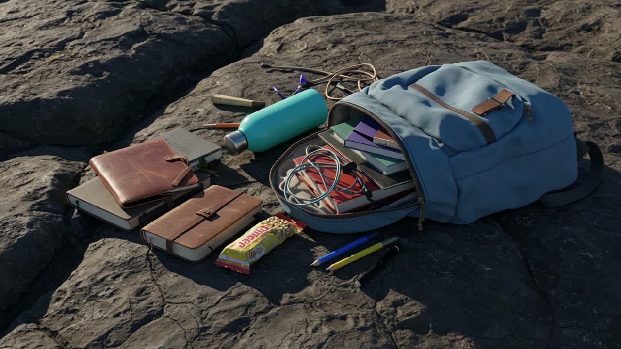 A beautifully arranged collection of useful everyday items including a backpack, notebooks, writing tools, and snacks resting on a rocky surface, illustrating a blend of adventure and practicality