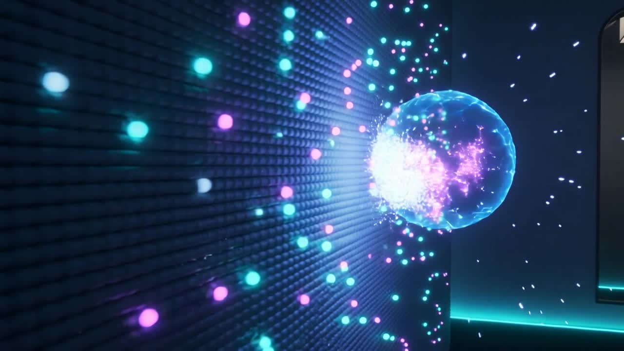 Sfera luminosa che levita accanto a una griglia di nodi, pulsante e che attiva luci, con particelle scintillanti per la tecnologia.