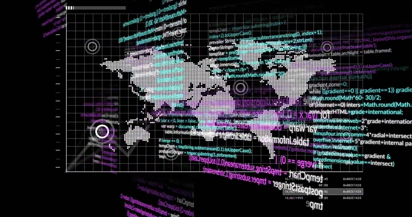 white dotted world map floating over dark grid, showing cyan purple code snippets and data charts