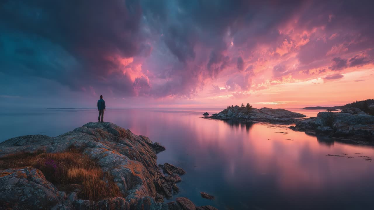 A Serene Landscape at Dusk: A Solitary Figure Stands on Rocky Shores Like a Silent Witness to the Stunning Transformation of the Evening Sky Over Calm Waters
