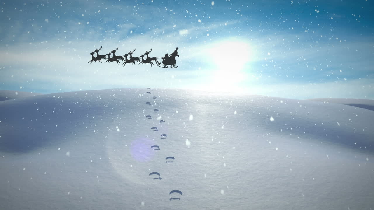 animación de santa claus en trineo con renos que pasan sobre un paisaje invernal nevado