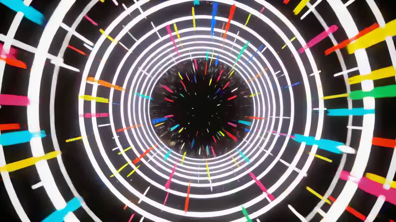 Pulsing tunnel speeding forward after frame pulse in void, with rings, bars, streaks for motion