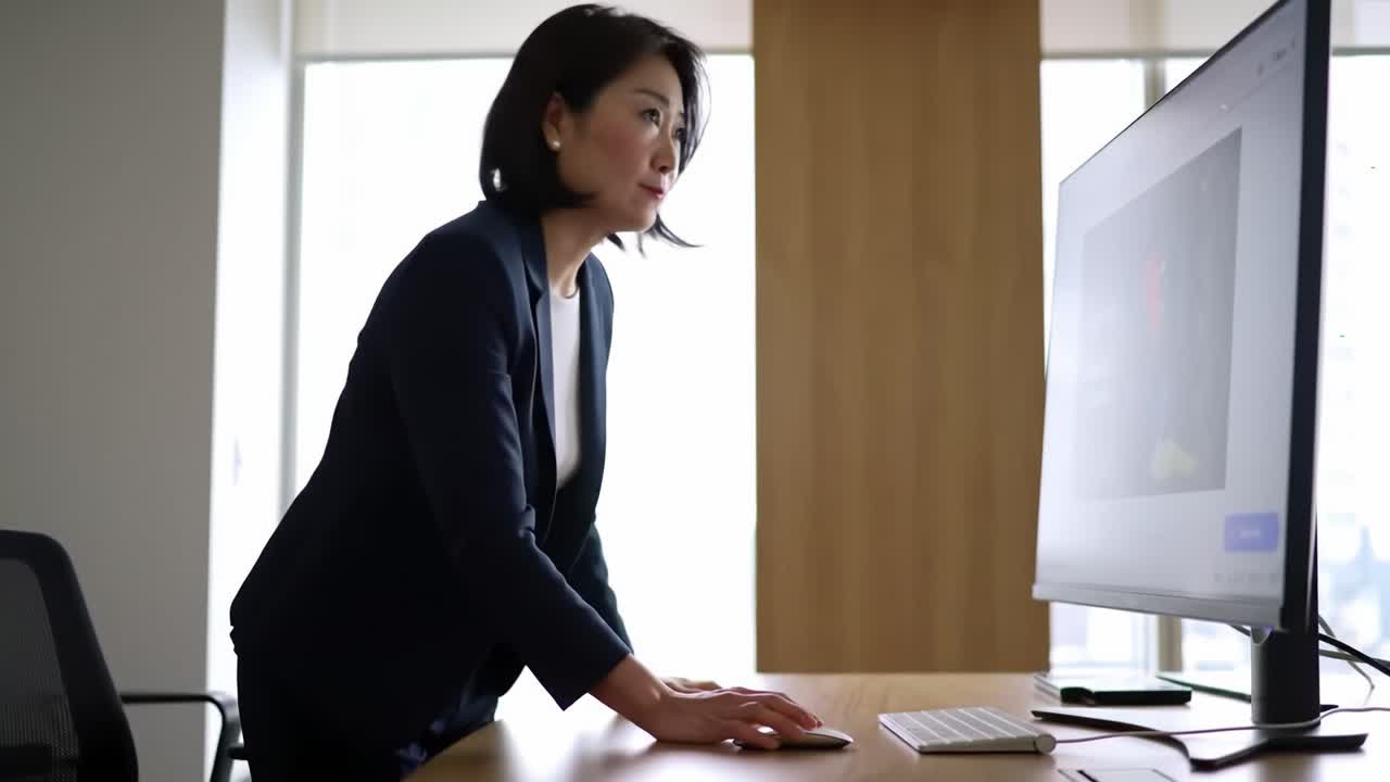 Focused Professional Engaged in Work at a Modern Office Desk, Analyzing Data on a Large Monitor While Reviewing Important Information for Project Success
