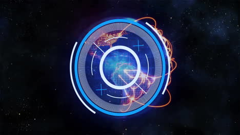 rotating globe with glowing lines and circular interface animation over space background