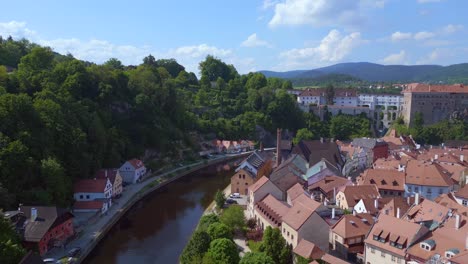 Gorgeous-aerial-top-view-flight-Czech-Republic-historical-Cesky-Krumlov-Vltava-river-in-summer-time-2023,-world-heritage-in-Bohemia