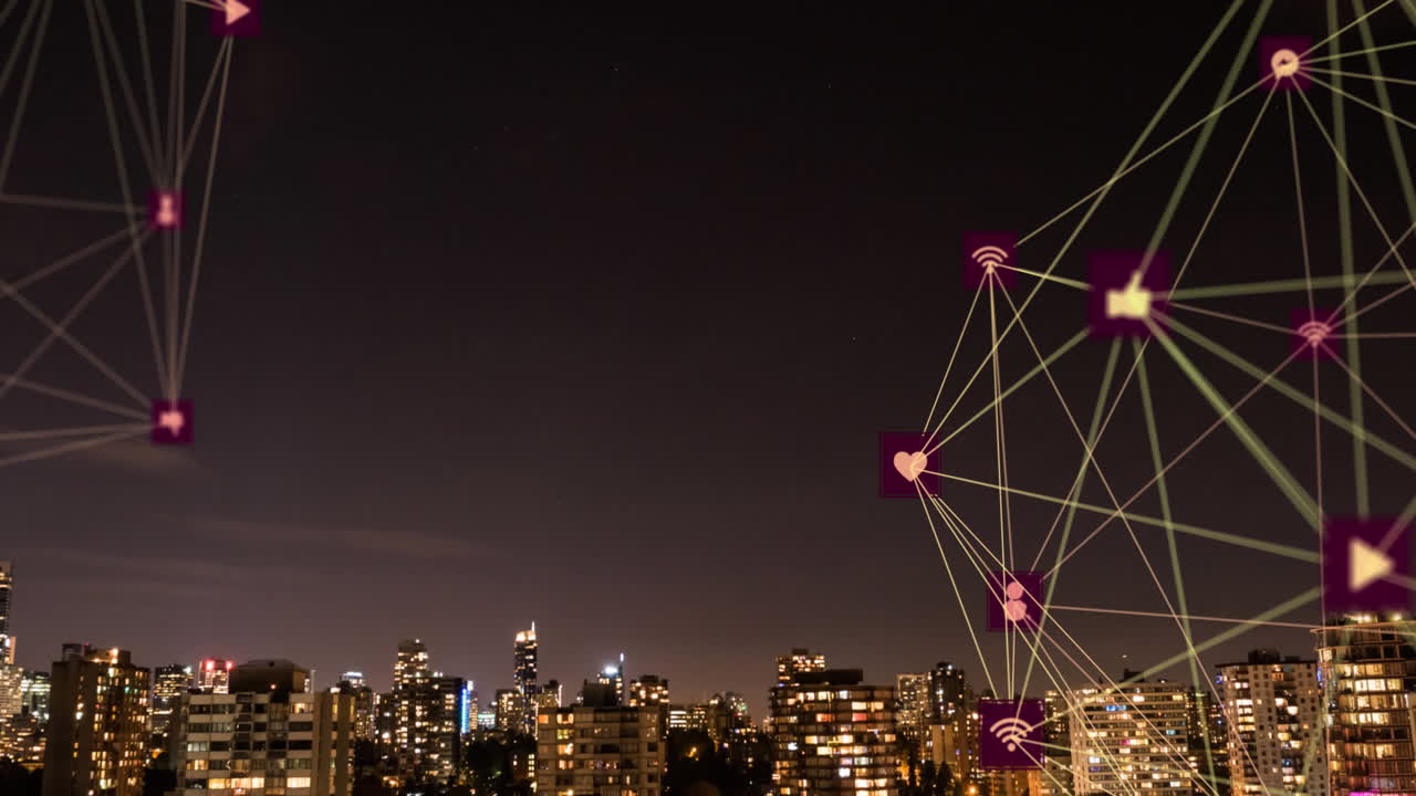 animación de redes de conexiones y paisaje urbano sobre fondo marrón