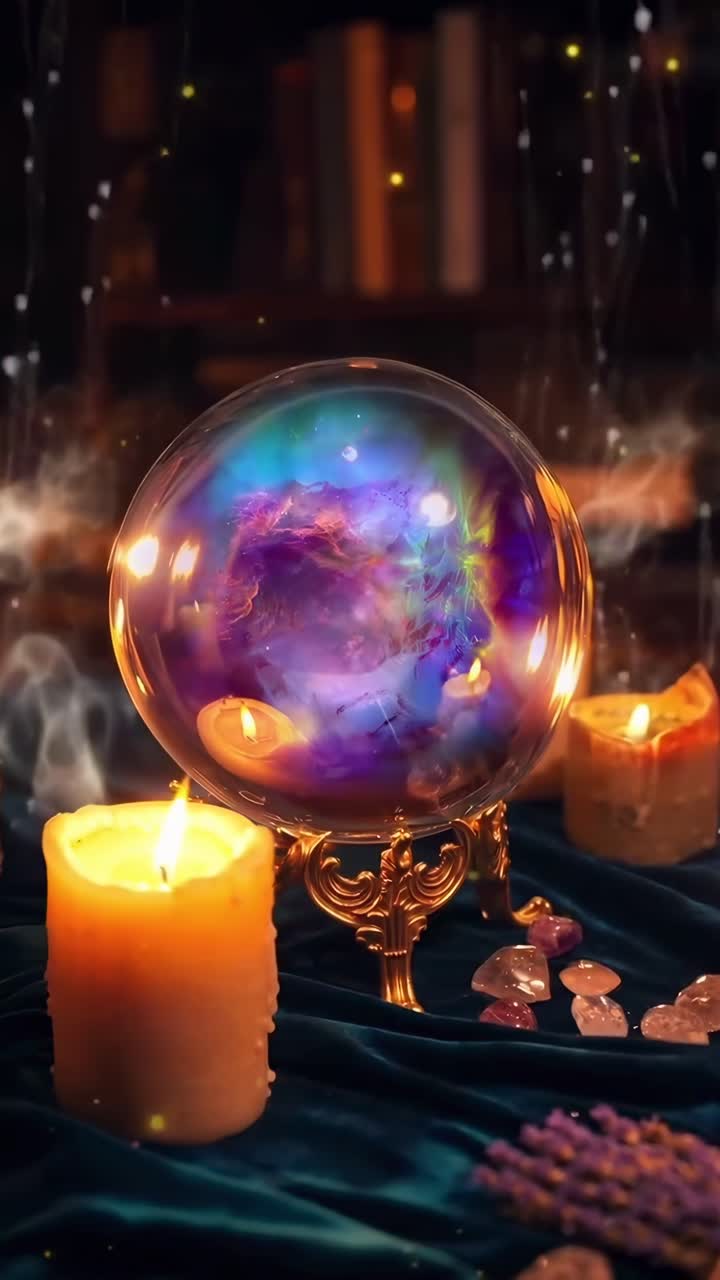 Adegan video mistis dengan bola kristal di atas meja, dikelilingi lilin