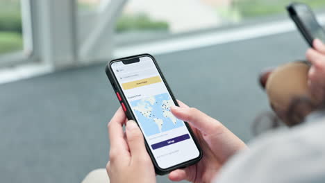 hands, app and phone screen with map for travel