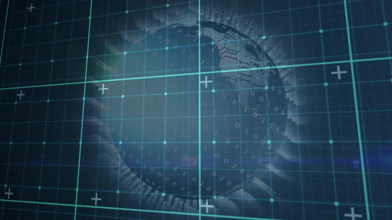 Una griglia scorre in una sfera che ruota, rivelando circuiti che si allineano, con un overlay di scansione per il tracciamento.