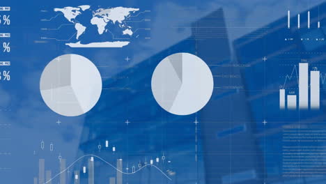 animation of financial data processing over cityscape