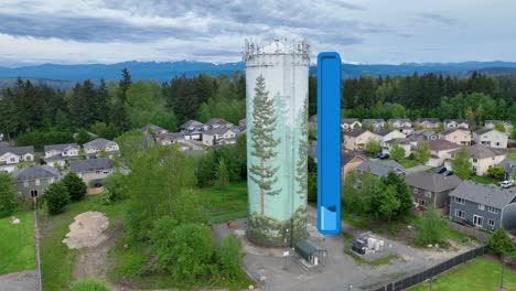 aerial view of a water tower with an animated bar depicting the facility's low water level