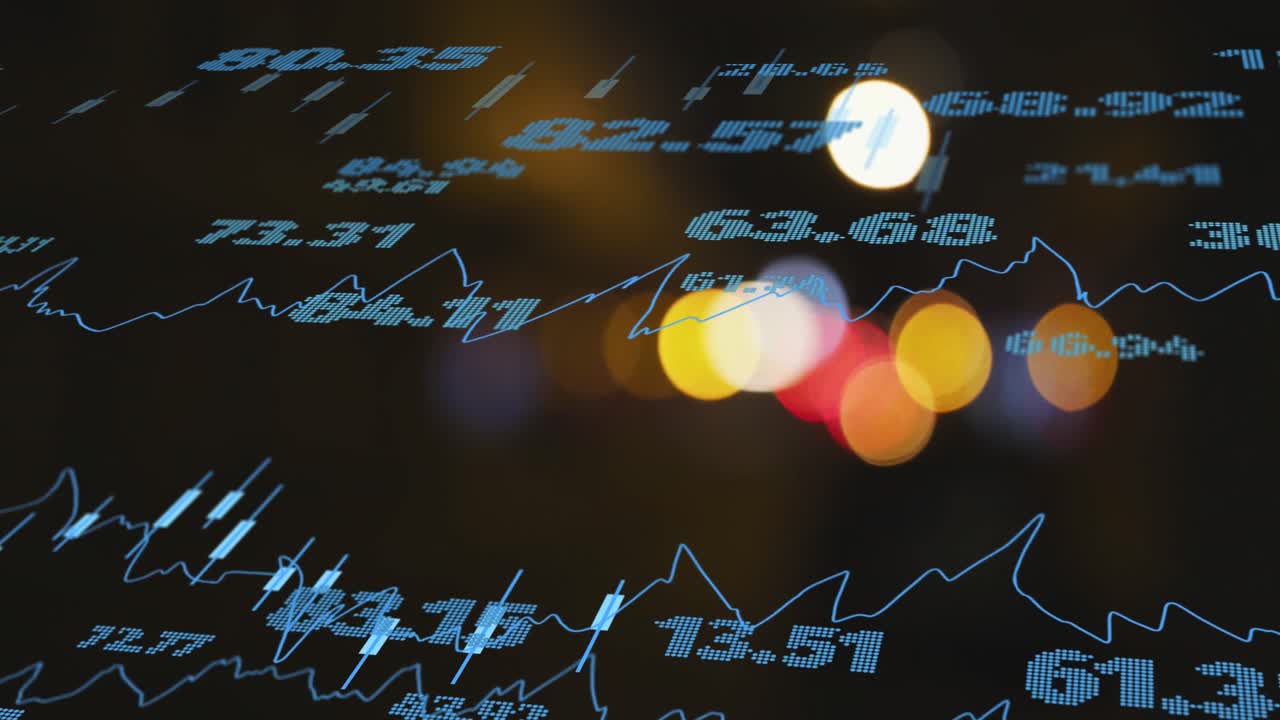 animación del procesamiento de datos financieros sobre las luces de la ciudad.