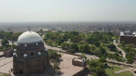 Aerial-view-of-the-Tomb-of-Hazrat-Shah-Rukn-e-Alam-in-Multan-City-in-Punjab,-Pakistan