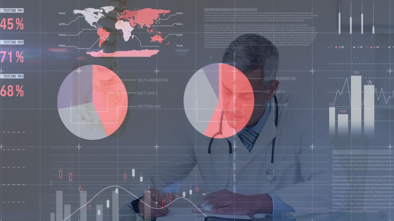 animación de la interfaz infográfica multicolor sobre el médico caucásico escribiendo en el bloc de notas en el hospital