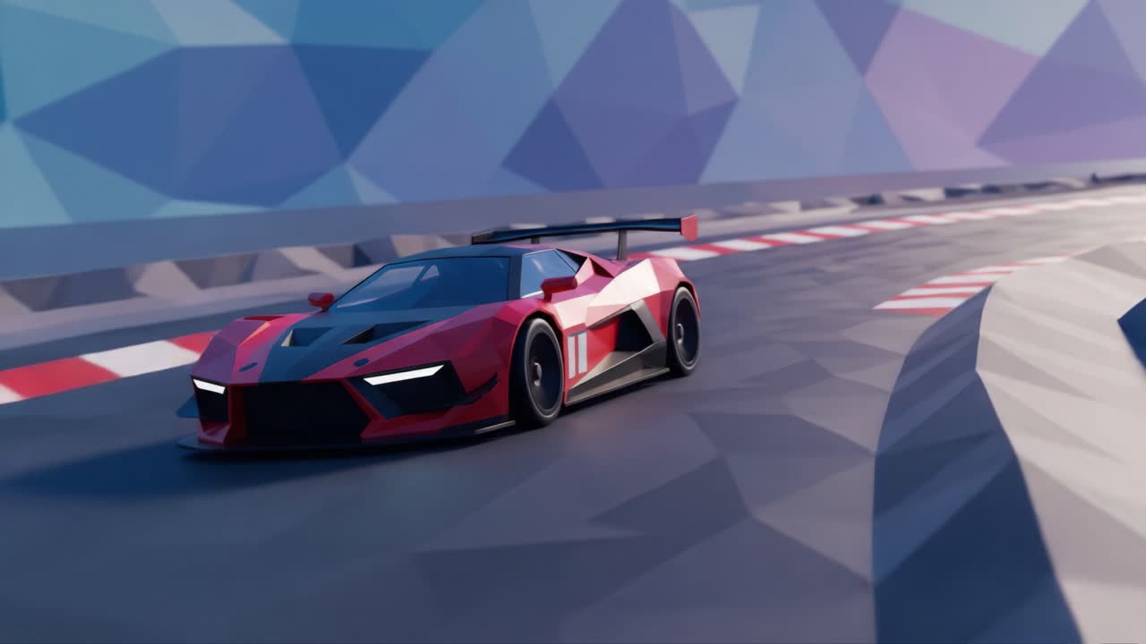 A Stunning Stylized Racing Car Navigates a Winding Track in a Vibrant Low-Poly Environment, Showcasing Cutting-Edge Design and Performance in a Futuristic Setting