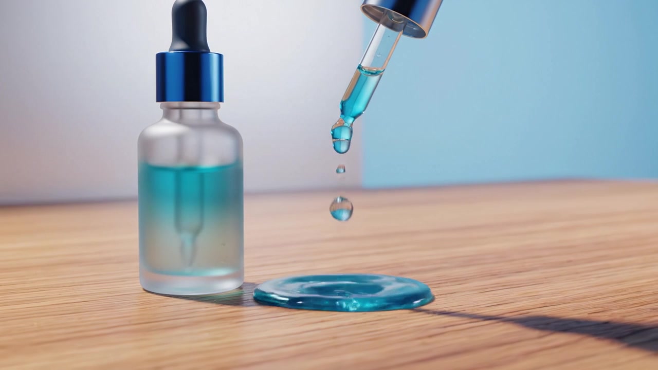 Scene accattivanti di una bottiglia di siero bluastra con contagocce: i primi e gli ultimi fotogrammi mostrano una goccia di liquido e una fuoriuscita su una superficie di legno.