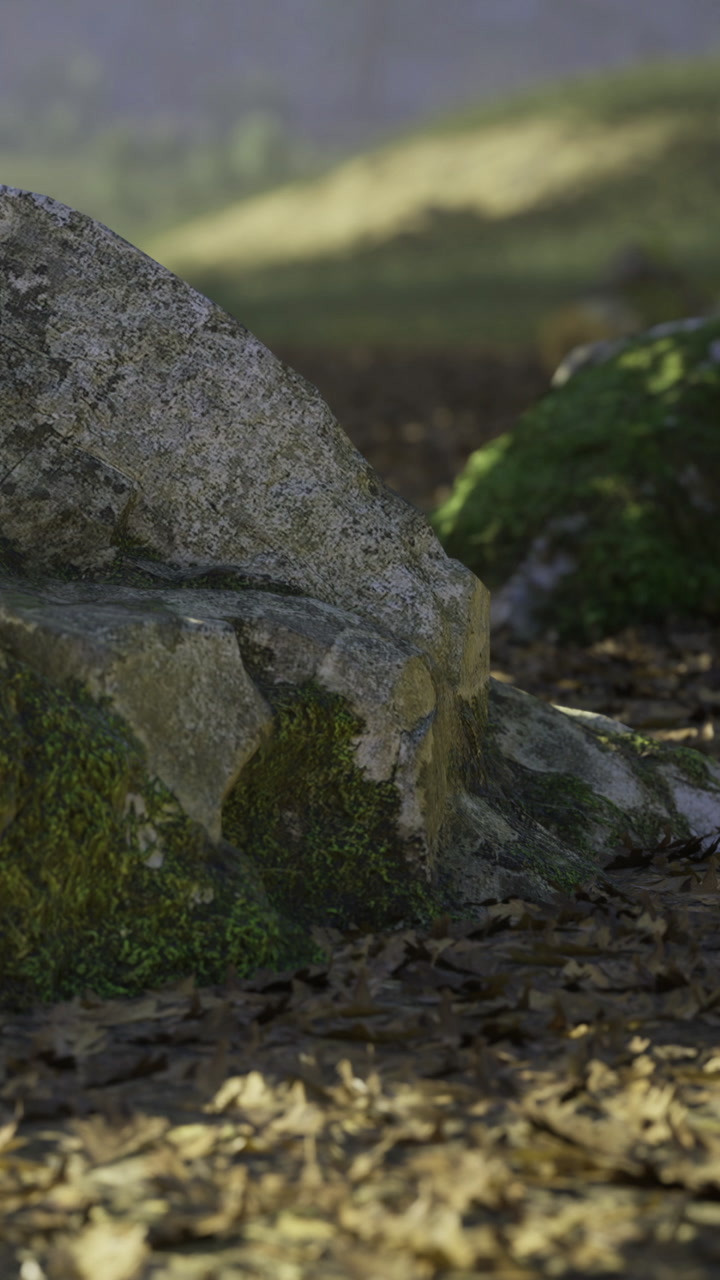 Mossy rocks resting quietly in the sunlit forest glade