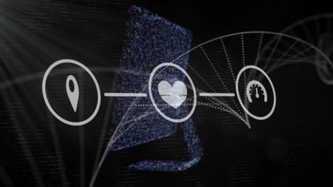 Animation-Von-Mediensymbolen-Und-DNA-Strang-über-Computer