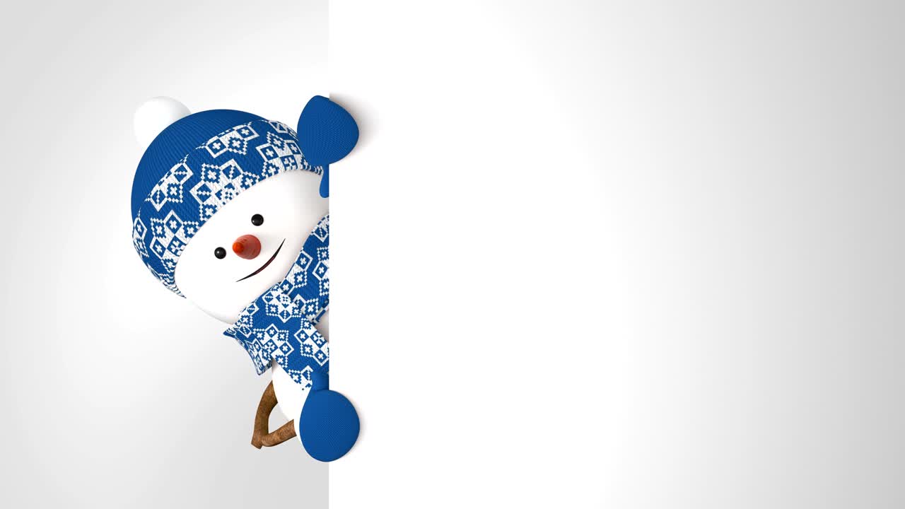 파란 모자를 입은 웃긴 스노우맨이 색 배경에 손을 들고 미소 짓고 인사합니다. 아름다운 3d 만화 애니메이션 녹색 스크린 알파. 애니메이션 인사 카드. 마지막 프레임 루프.