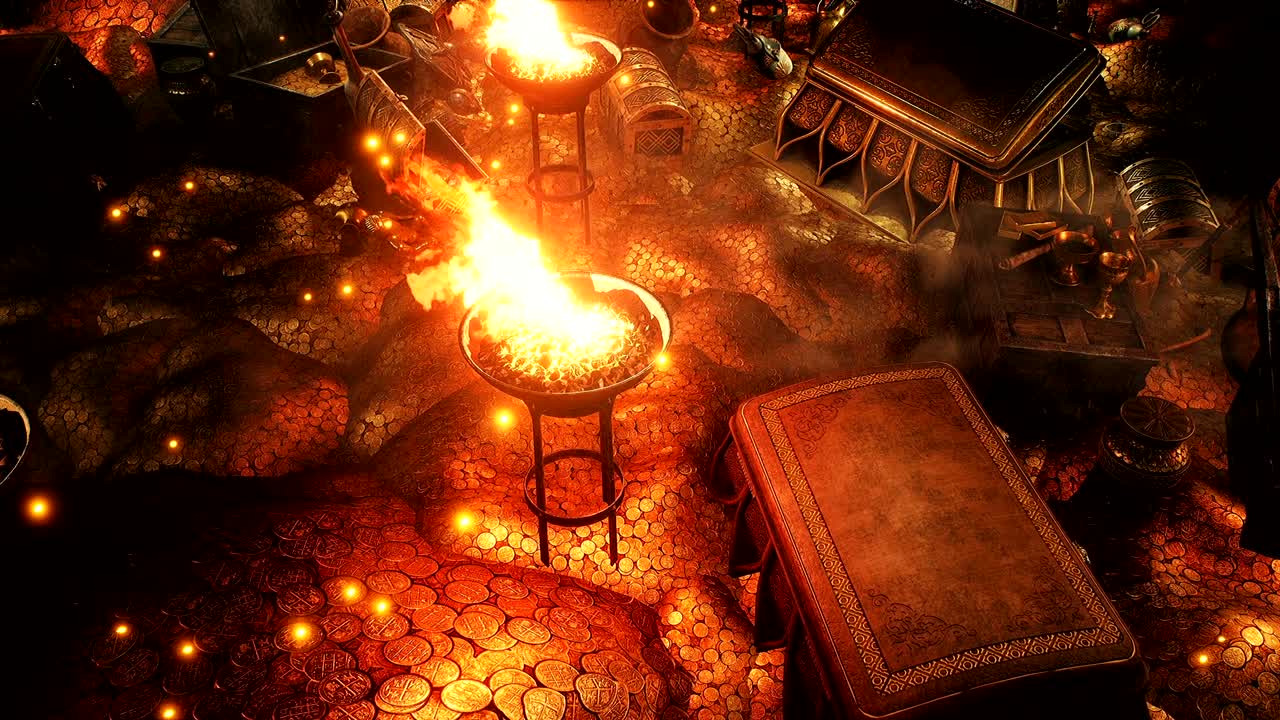 어두운 동굴에서 해적 보물, 불에 비추는 오래된 동전, 다이아몬드, 금 보물, 귀중한 돌, 동전, 팔, 상자 등으로 만들어진 많은 보석.